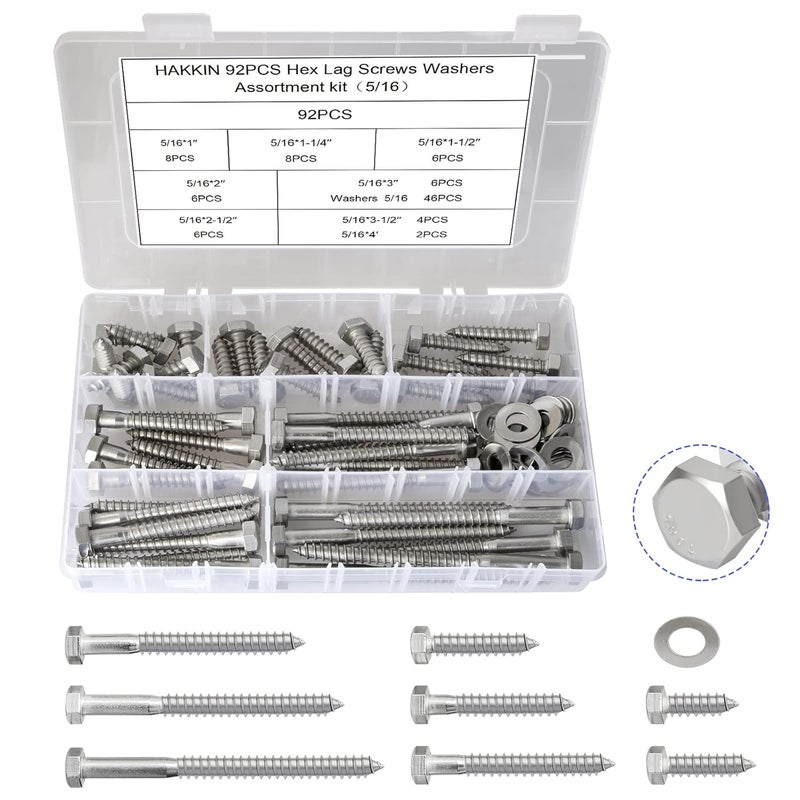 Hakkin 5/16" Hex Lag Bolts Screws Washer Assortment Kit 1" 1-1/4" 1-1/2" 2" 2-1/2" 3" 3-1/2" 4",92Pcs Stainless Steel Lag Screws,Heavy Duty Hexagon Head Lag Bolt Wood Screws Washer Kit by - Image 1
